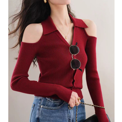 French v-neck retro red shoulder-shoulder knitted bottoming shirt for women in autumn, sweet and spicy slim-fitting top with long sleeves and thin inner layer