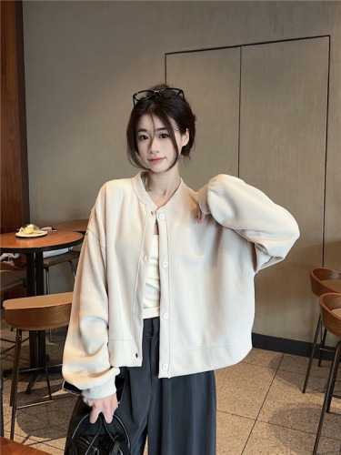 Real shot~Spring style~Early spring solid color long-sleeved sweatshirt jacket design niche cardigan casual top