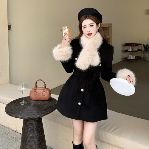 Real shot of ianh retro woolen coat, waist-cinched quilted thickened plush velvet coat