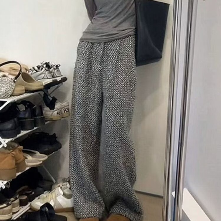 千鳥格闊腿褲女2024春裝新款慵懶風高腰寬鬆顯瘦直筒拖地長褲子潮