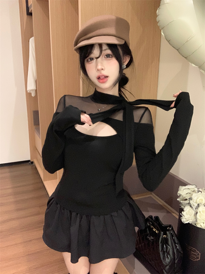 實拍 2024春季新款性感純欲蝴蝶結打底黑色上衣女網紗拼接