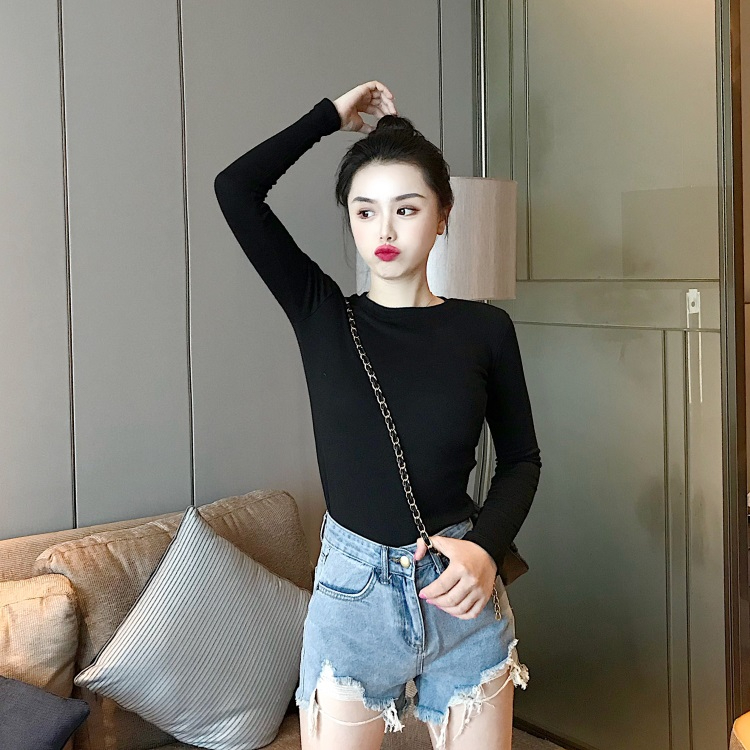 官圖打底衫女秋韓版修身顯瘦內搭外穿圓領長袖上衣