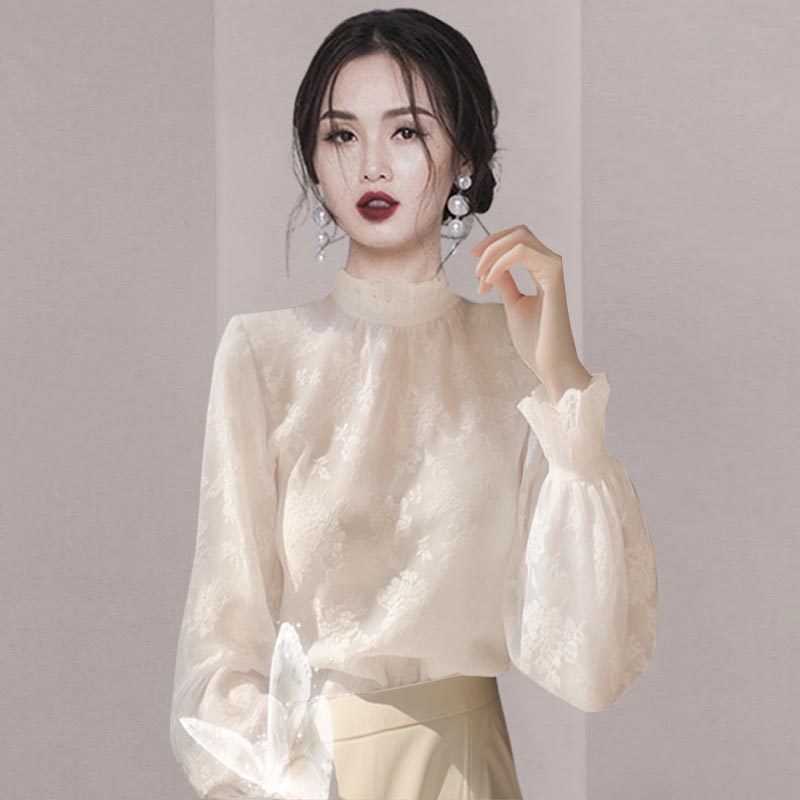 2024季蕾絲打底衫女長袖歐貨高端別致漂亮保暖小衫半高領內搭上衣