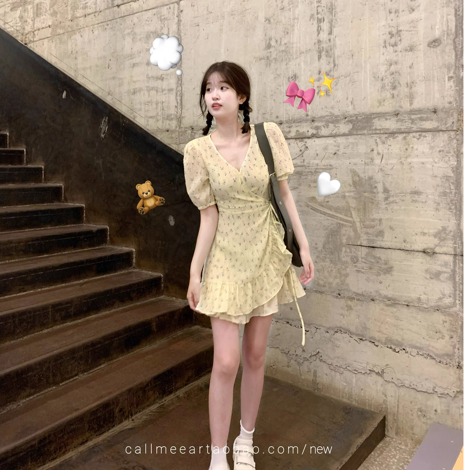2024 New Paris Baguette Tea Break Floral Sweet Puff Sleeve Dress Women’s Summer V-Neck Short Skirt