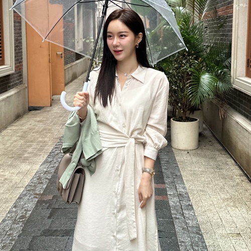 韩国chic法式小众气质高级感别致系带收腰显瘦衬衫式连衣裙