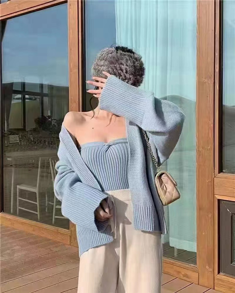 High quality 2024 spring and summer new style lazy style knitted cardigan loose sweater women's tube top two-piece set