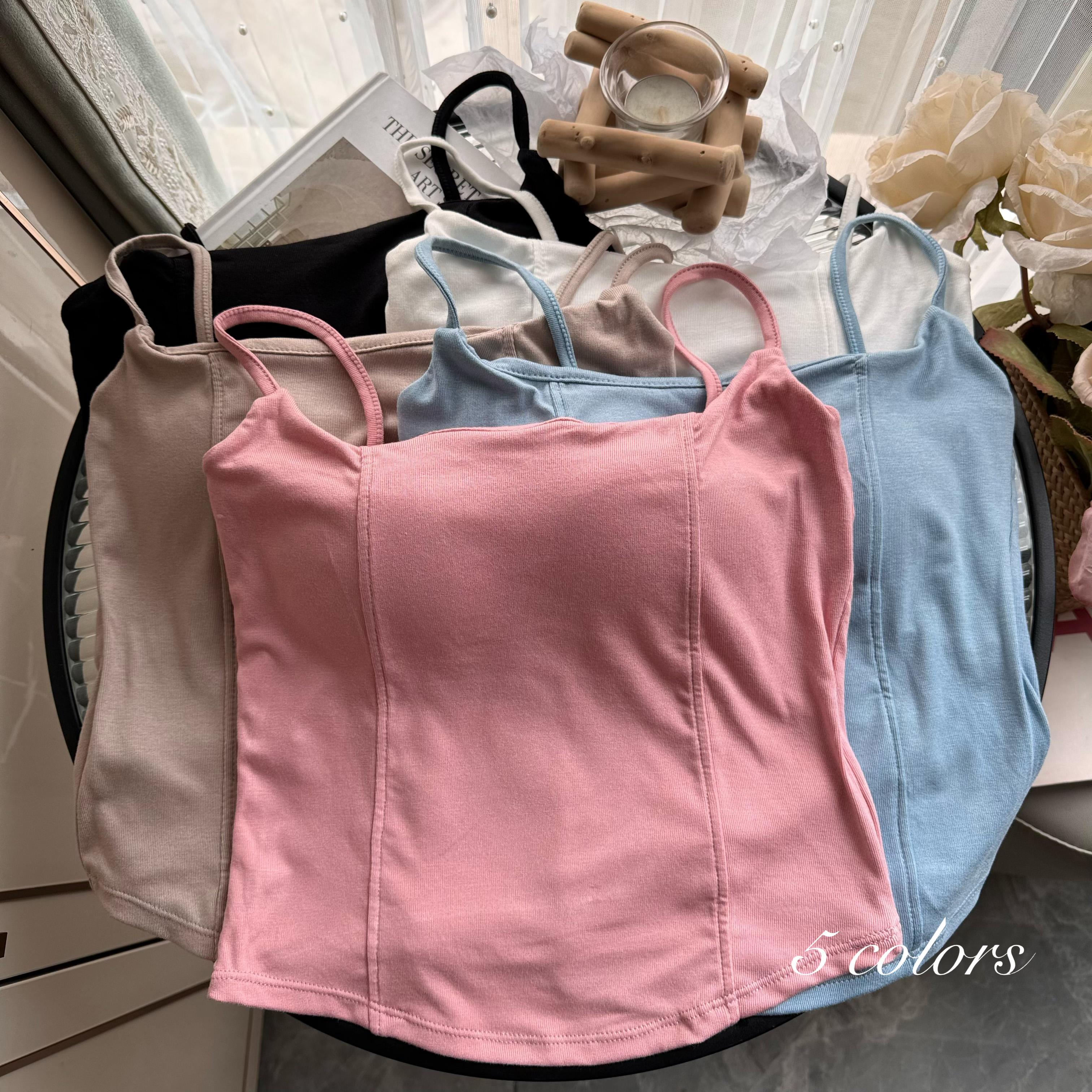 Real shot of Korean chic solid color slim, sexy, foreign style, versatile short camisole top for women