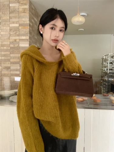 Actual shot of soft, waxy, casual and lazy sweater with lapel design and loose knitted sweater