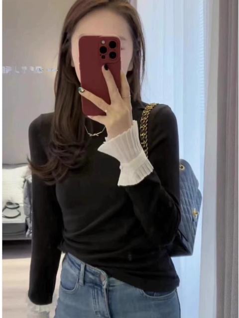 設計感拼接木耳邊外穿黑色t恤上衣女春秋新款圓領加絨內搭打底衫