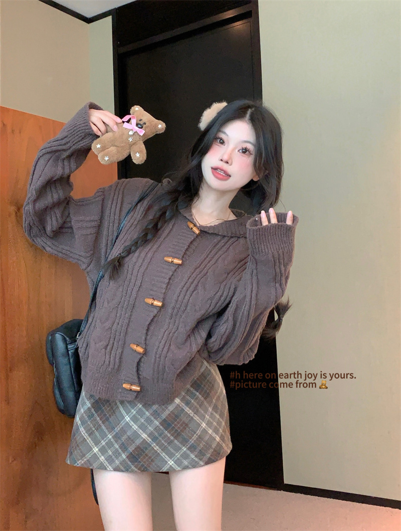 實拍 套裝女連帽長袖麻花針織衫秋冬高腰顯瘦半身裙兩件套