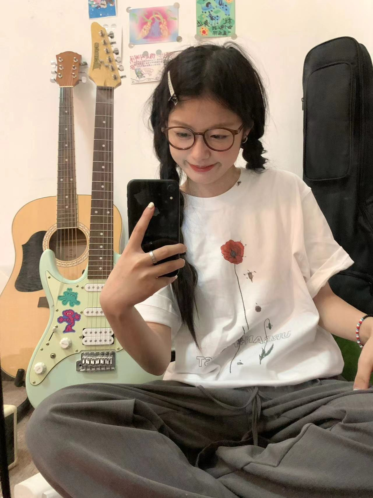 220克精梳緊密賽洛高級感虞美人花朵印花短袖T恤