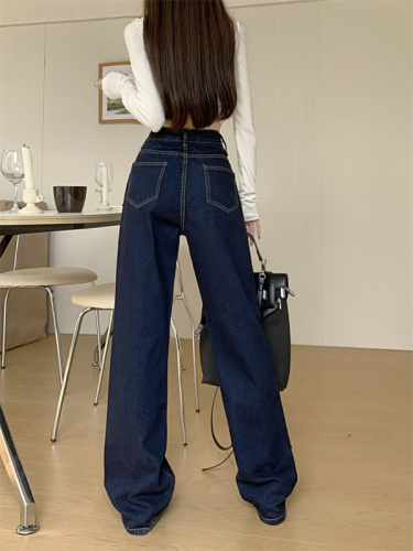 Real shot American retro high-waisted loose straight pants early spring versatile slim jeans