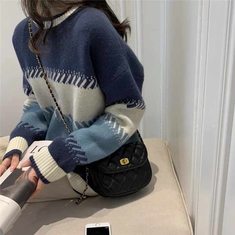 秋冬韓版洋氣百搭減齡撞色圓領毛衣女寬鬆外穿小眾針織衫上衣