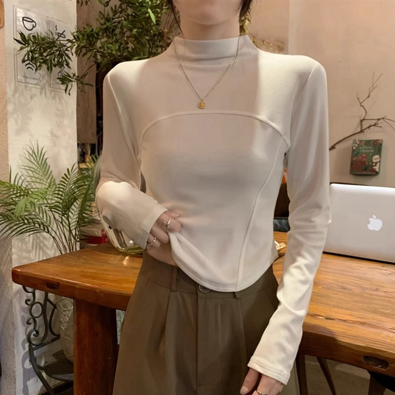 官圖 法式復古簡約風t恤女秋純色半高領設計感修身短款上衣