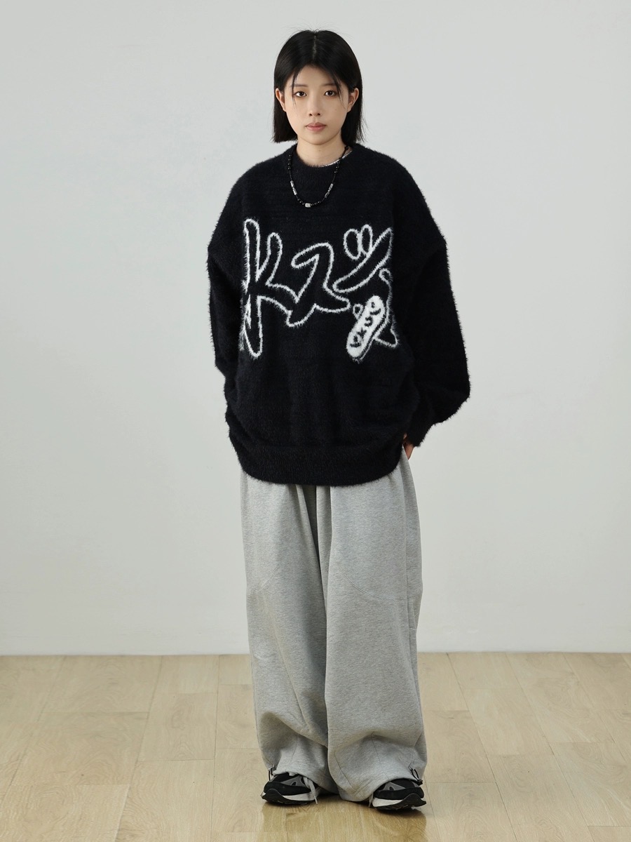 Round neck imitation mink black sweater for women, Japanese style oversize sweater for couples, lazy style