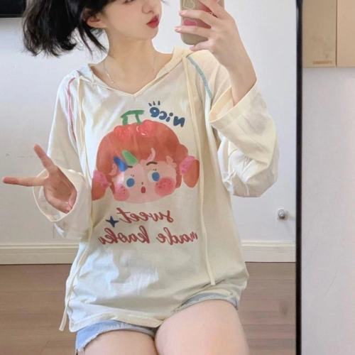 Cartoon printed hooded T-shirt for women, spring and summer thin Hong Kong style retro casual loose long-sleeved sun protection top