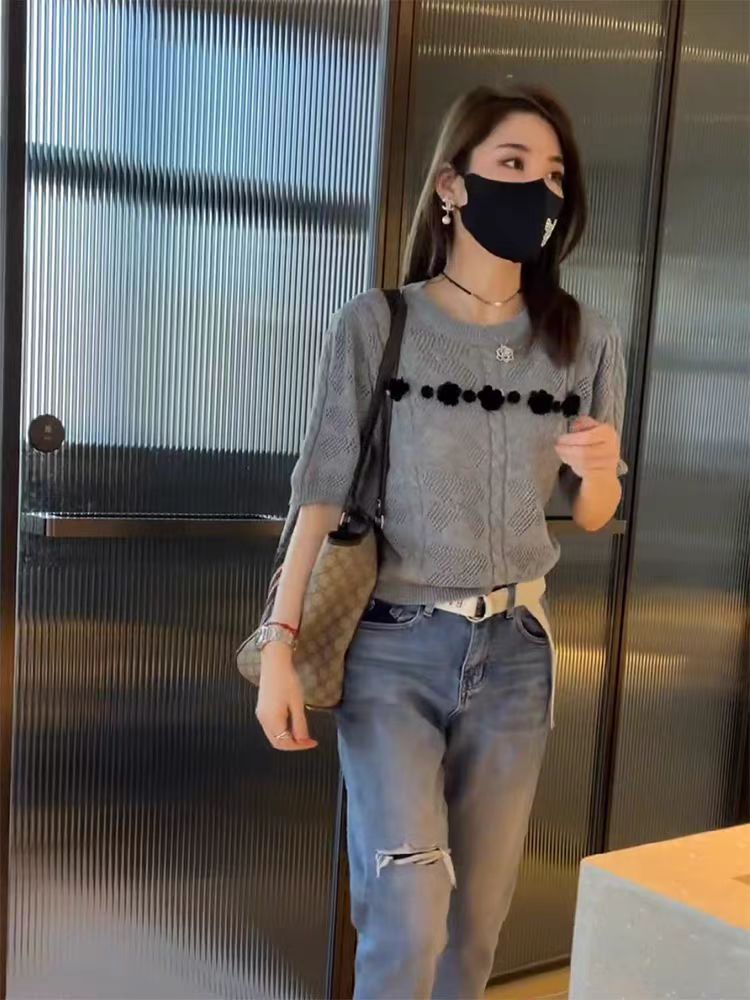 設計感鏤空立體花朵短袖毛衣女夏季新款小眾休閒百搭短款上衣