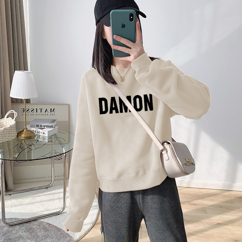 Autumn and winter round neck pullover short sweatshirt for women, loose top, high waist, slimming for small people, spring and autumn thin style