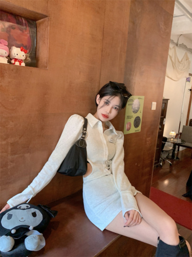 Real shot of sexy hottie in early spring hollow POLO collar solid color slim dress female ins versatile skirt