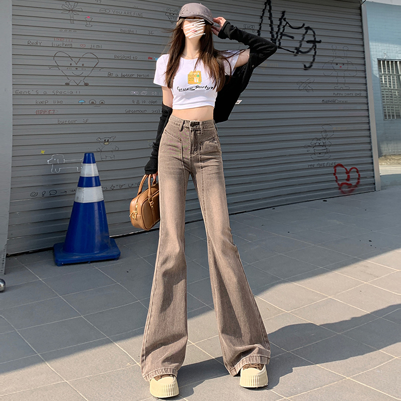 實拍~棕色牛仔微喇褲女2024春季新款個性腰頭顯瘦拖地喇叭褲子ins