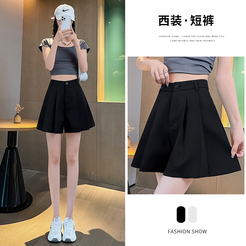 實拍春秋夏季新款高腰休閒褲短褲子女前擺百褶褲裙休閒顯瘦薄