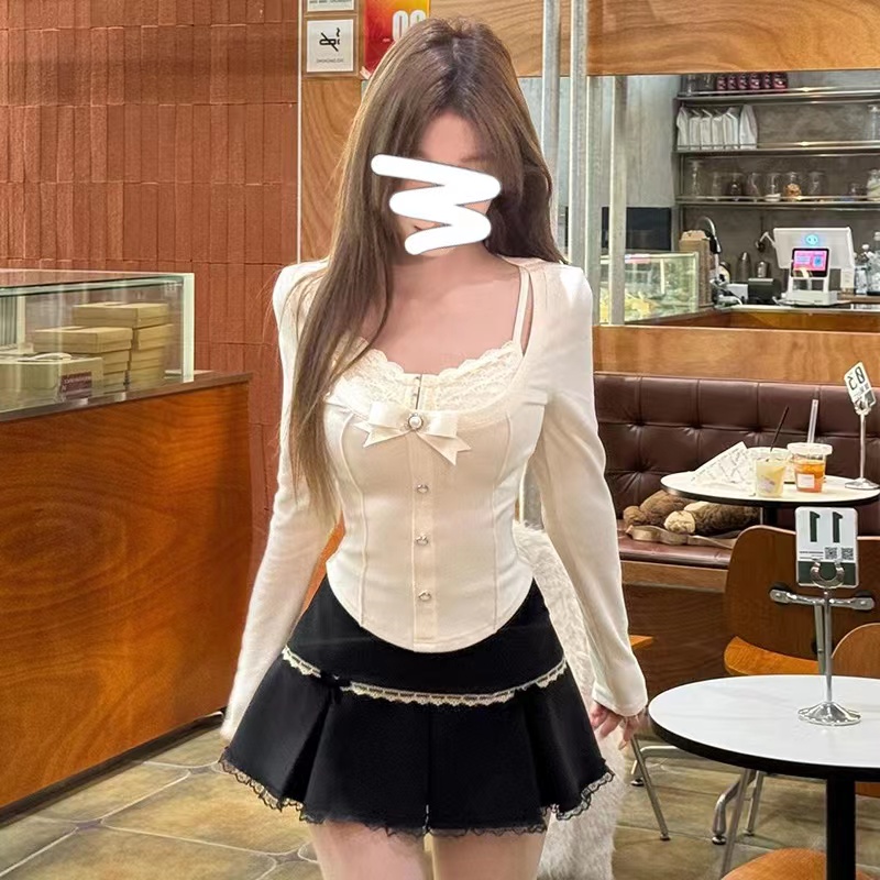 2024早春新款顯瘦時尚套裝女百搭辣妹修身假兩件上衣百褶裙兩件套