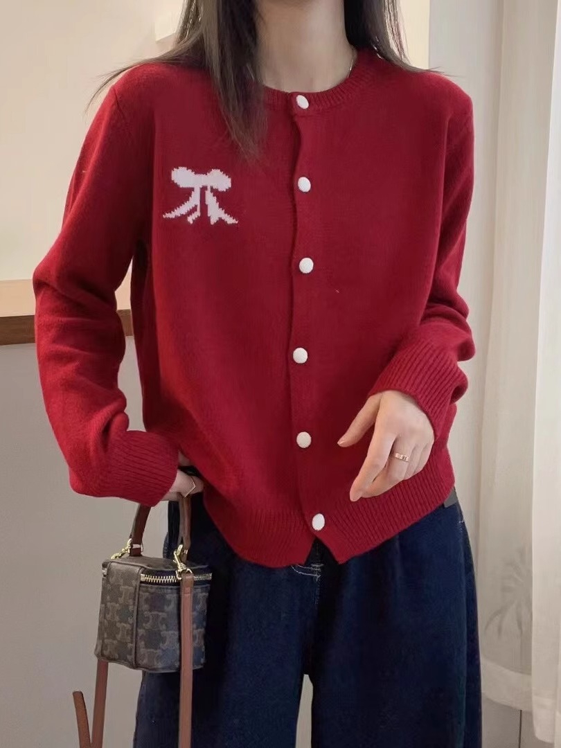 刺繡蝴蝶結毛衣外套針織開衫上衣女