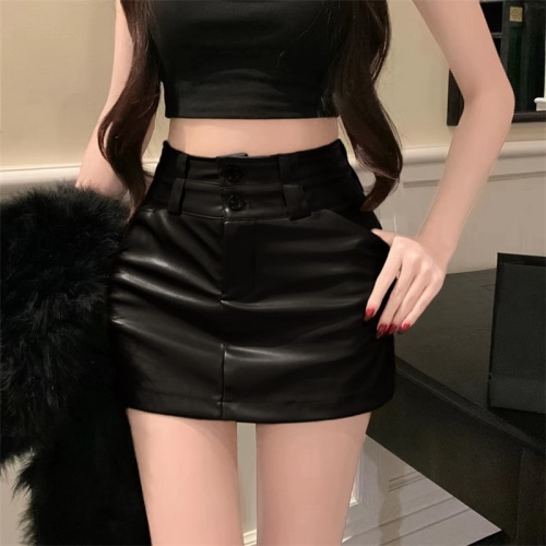 Real shot!  2024 New Hot Girl Sexy Double Waist Textured Slim Ultra Short PU Leather Hip Skirt