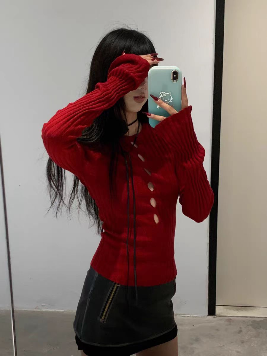 E7Q8 紅色設計鏤空打底女辣妹新款高級內搭軟糯修身心機針織上衣
