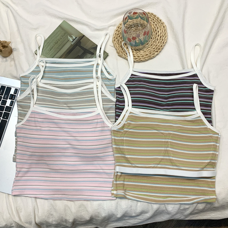 實拍純棉吊帶背心女外穿夏季新款打底條紋短款辣妹帶胸墊抹胸上衣