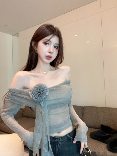 Actual shot ~ Pure desire one-shoulder mesh see-through top shoulder long-sleeved slim bottoming top