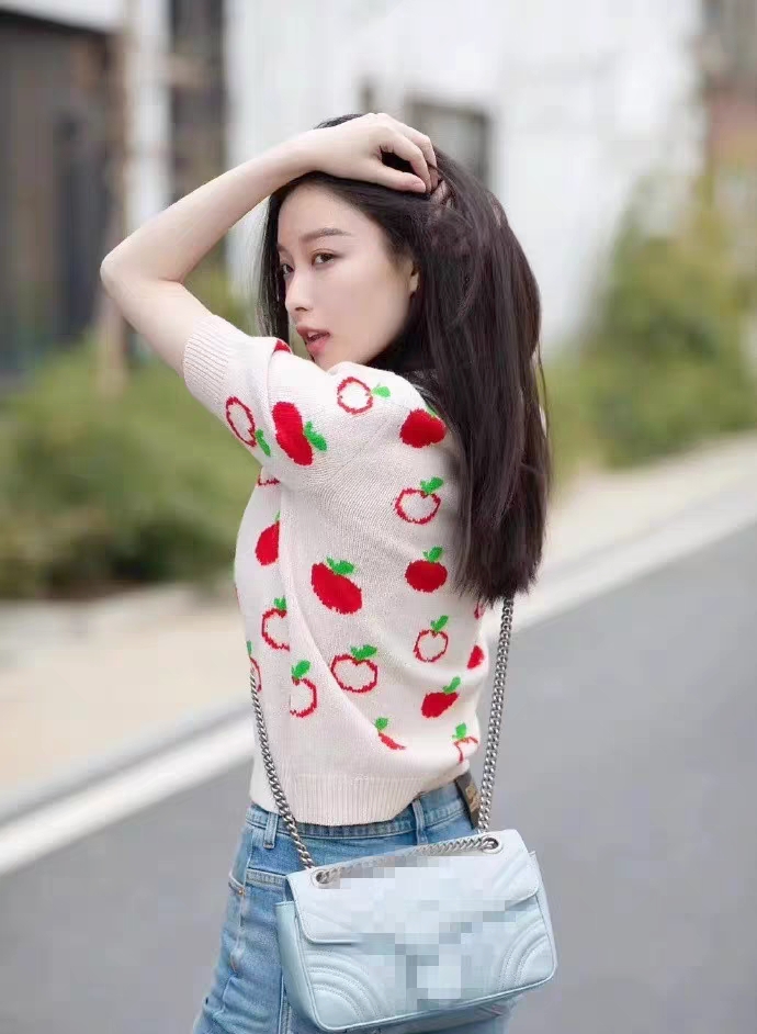 倪妮同款衣服紅蘋果圖案短袖針織衫上衣套頭毛衣