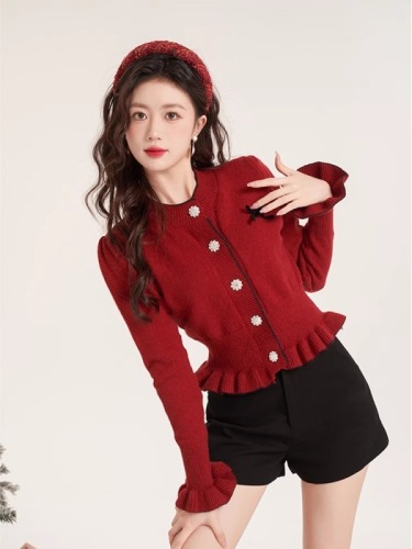 Short ruffled red cardigan sweater for women winter new small sweet French knitted sweater top