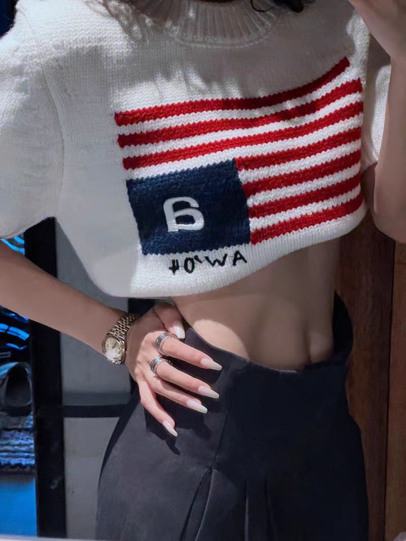 美式復古條紋字母針織衫女短袖設計感小眾氛圍感小個子短款毛衣潮