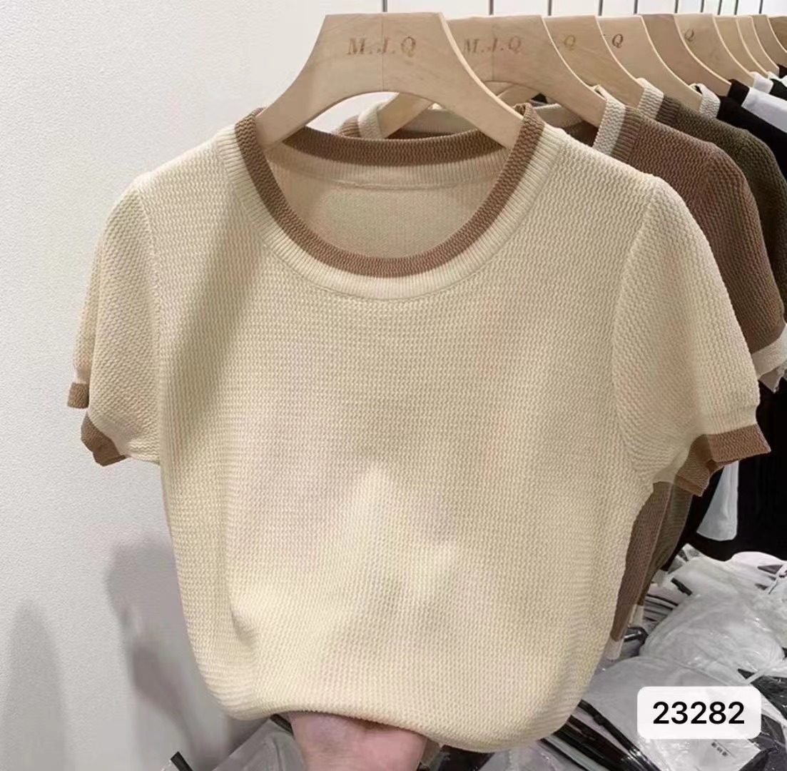 Retro contrasting right shoulder T-shirt for women summer half-sleeved French bottoming sweater slimming slim western style short-sleeved top