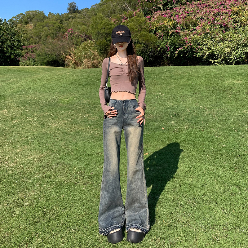 實拍~美式復古微喇叭牛仔褲女2024春季特色褲腰毛邊拖地闊腿褲ins