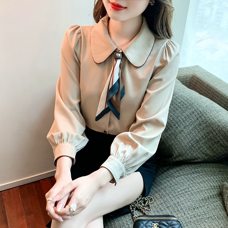 緞面襯衫女2024春季新款寬鬆氣質通勤娃娃高級感絲巾領結長袖襯衣
