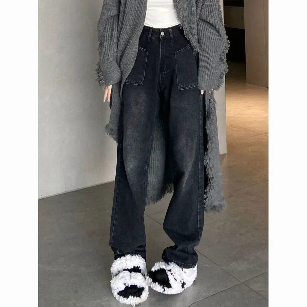 美式復古水洗黑色直筒牛仔褲女寬鬆顯瘦百搭垂感拖地闊腿褲潮ins
