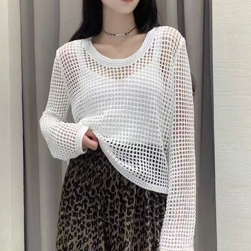 Spring and summer hollow sweater for women 2024 new thin round neck long sleeve loose pullover versatile top fashion blouse