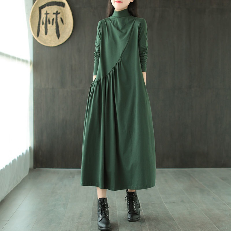 Super popular spring bottoming long-sleeved dress, new artistic retro ethnic style loose and versatile half-high collar mid-length skirt