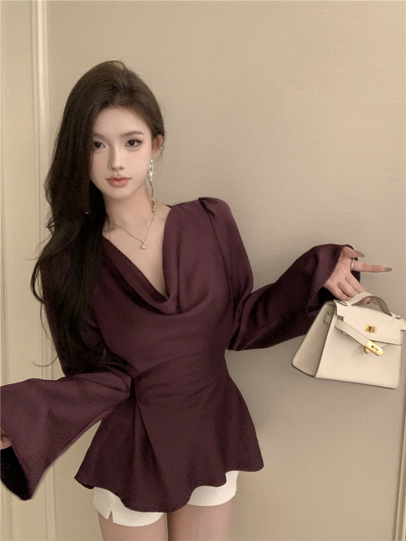 實拍 緞面襯衫女設計感盪領高級感氣質收腰顯瘦長袖襯衣上衣