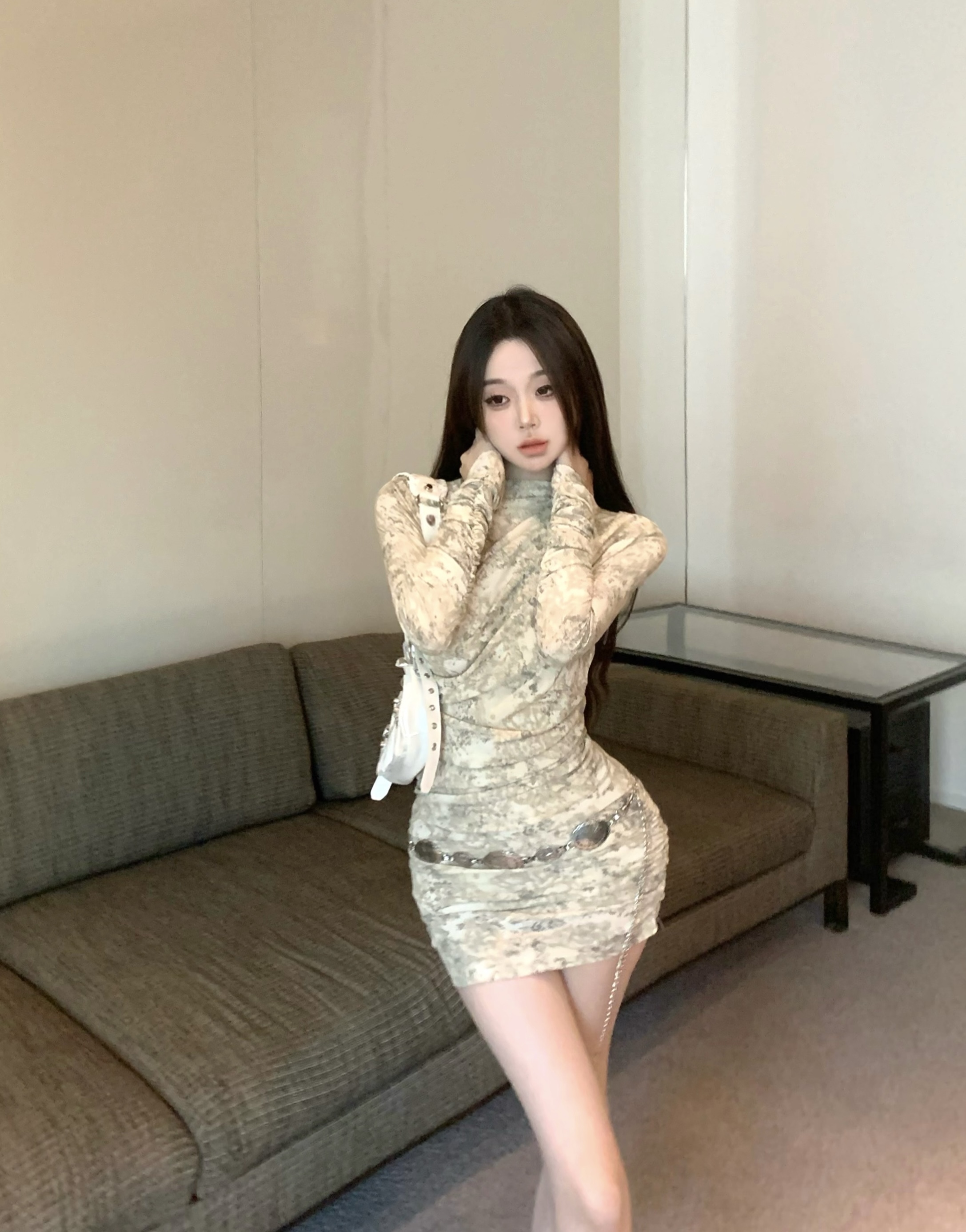 秋季辣妹風浪漫優雅印花連衣裙收腰顯瘦包臀短裙