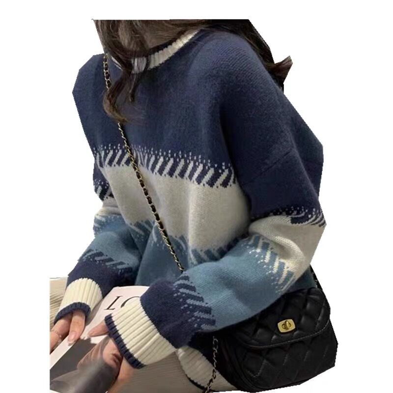秋冬韓版洋氣百搭減齡撞色圓領毛衣女寬鬆外穿小眾針織衫上衣