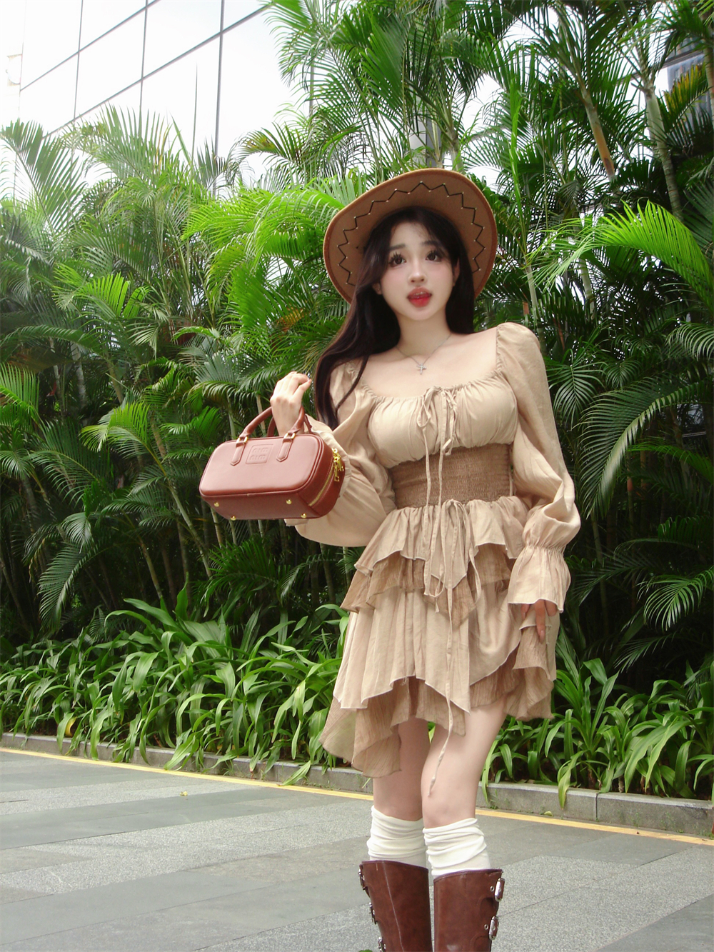 Real shot square neck long sleeve color matching high waist slimming layered skirt irregular dress