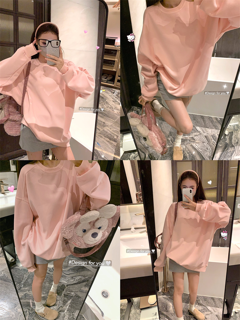 Actual shot, comfortable and lazy sweatshirt, simple solid color loose composite cotton pullover, round neck, long-sleeved sweatshirt