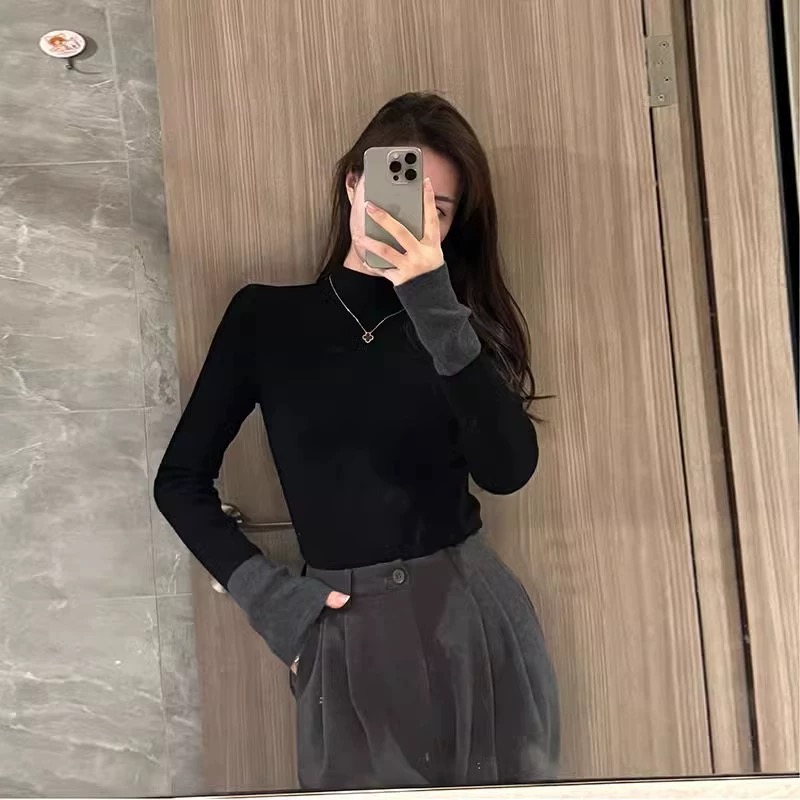 半高領撞色長袖毛衣打底衫女秋冬高級感修身顯瘦內搭中領針織上衣
