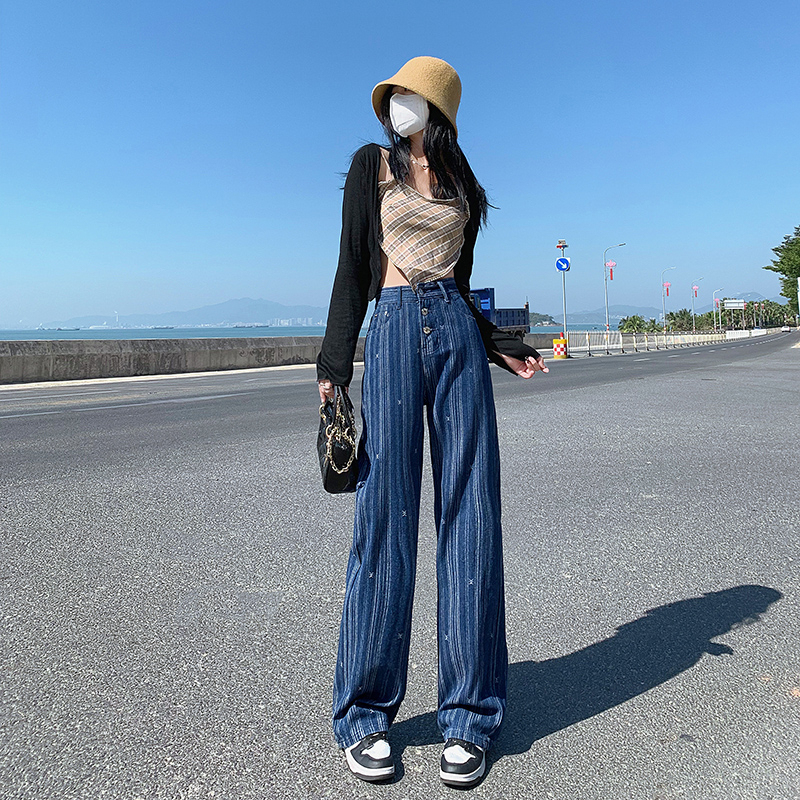 實拍 高腰顯瘦歐美風韓版條紋寬鬆個性直筒褲