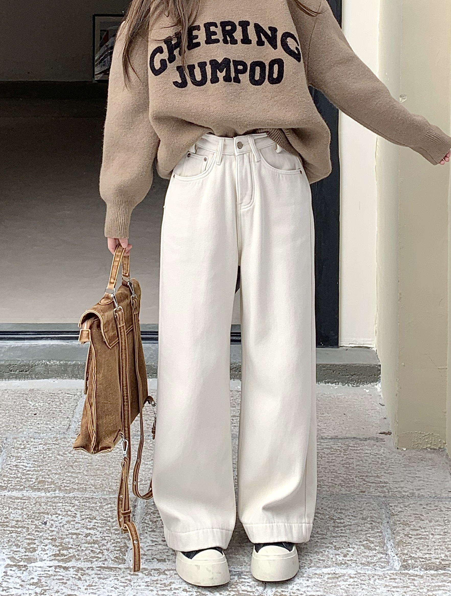 Actual shot of new winter velvet thickened high-waisted casual wide-leg jeans