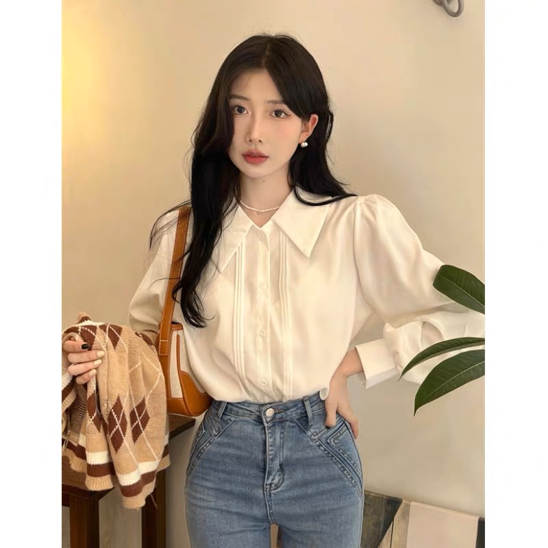 French white polo collar long-sleeved shirt for women, spring and autumn design, niche chiffon inner shirt, petite top