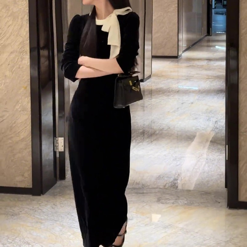 茶歇法式蝴蝶結名媛連衣裙女裝秋冬赫本風絲絨內搭打底漂亮長裙子